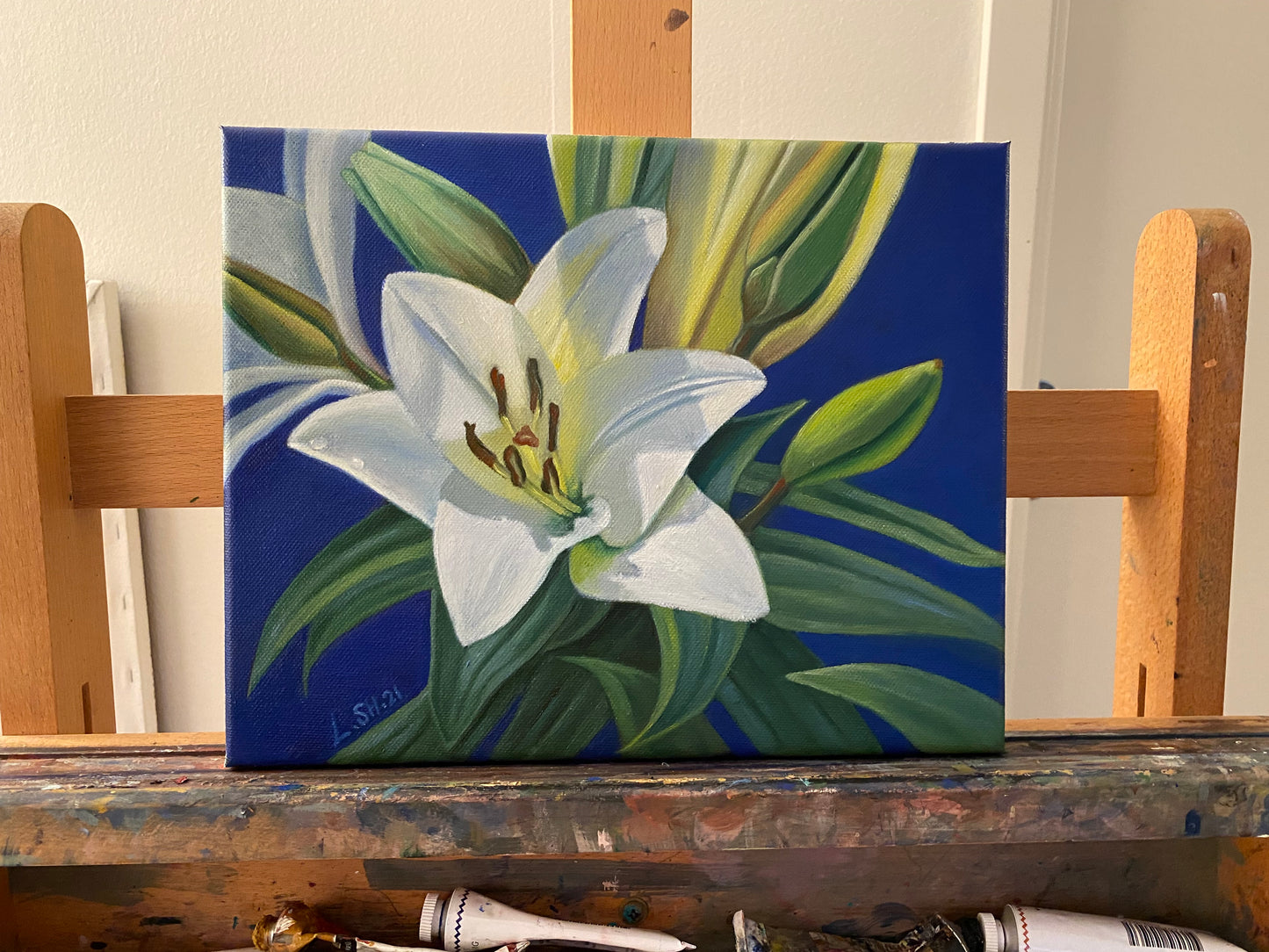 Vit Lilja-Handmålad Oljetavla 30x24 cm