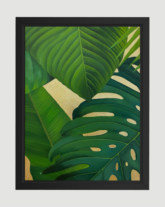 Tropiska blad-Handmålad Oljetavla 40x30 cm