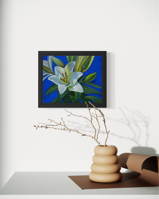 Vit Lilja-Handmålad Oljetavla 30x24 cm
