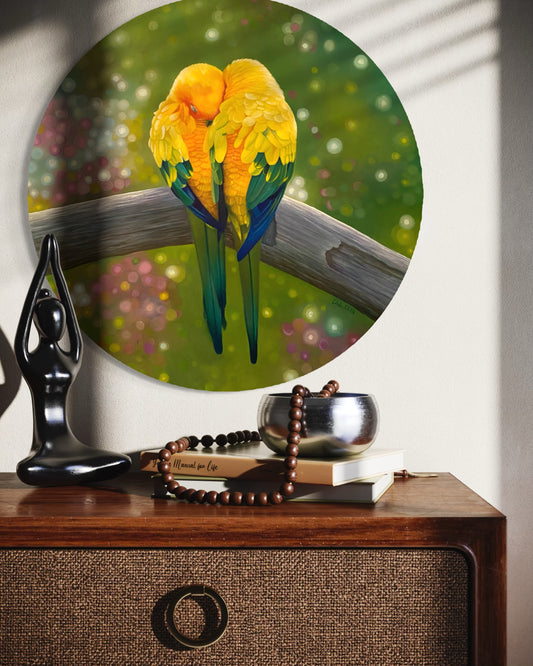 Papegojor - Solparakiter - Handmålad Rund Oljetavla 70 cm